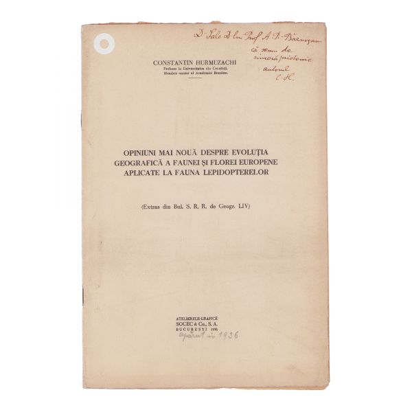 Constantin Hormuzachi, cinci articole, cu dedicație pentru zoologul Andrei Popovici-Bâznoșanu