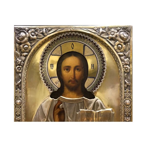 Icoană rusească, Iisus Hristos Împărat, cu ferecătură din argint cu elemente Art Nouveau