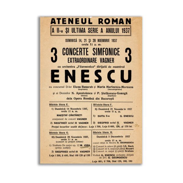 Afiș, 3 concerte dirijate de George Enescu, 1937