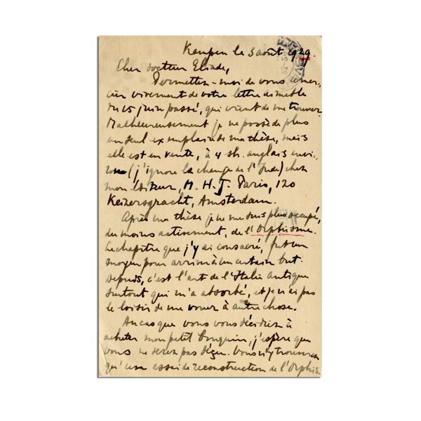 Von Essen, carte poștală pentru Mircea Eliade, 3 august 1929