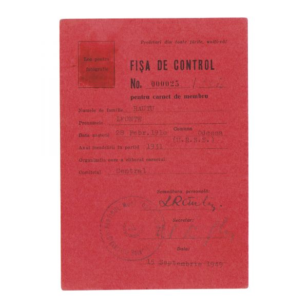 Leonte Răutu, fișa de control pentru carnet de membru P.M.R., 15 septembrie 1949