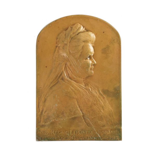 Regina Elisabeta a României, plachetă din bronz patinat, gravor G. Devreese, 1913