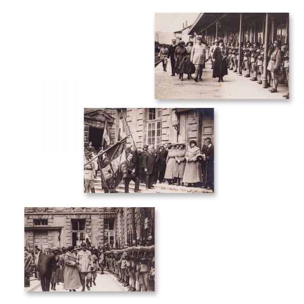 Regina Maria, fiicele sale și gen. H. M. Berthelot în vizită la Verdun, 6 iulie 1920, trei fotografii de epocă