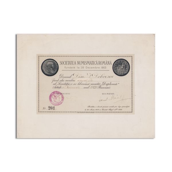 Dem I. Dobrescu, Societatea Numismatică Română, diplomă semnată de Mihail C. Șuțu și Const. Moisil