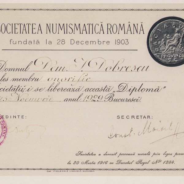 Dem I. Dobrescu, Societatea Numismatică Română, diplomă semnată de Mihail C. Șuțu și Const. Moisil