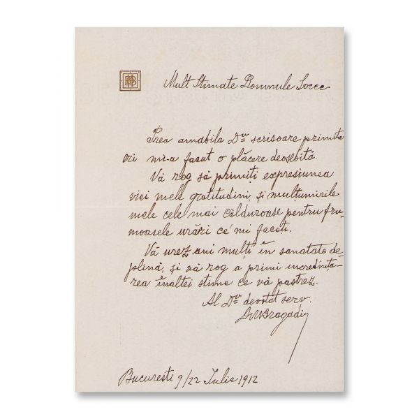 Dumitru Marinescu Bragadiru, scrisoare pentru Ioan I. V. Socec, 9/22 iulie 1912
