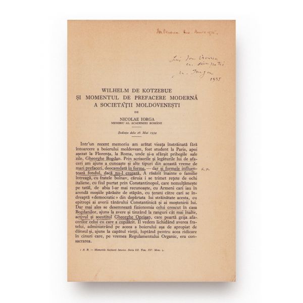 Nicolae Iorga, Wilhelm de Kotzebue și momentul de prefacere modernă a societății moldovenești, 1934, cu dedicație