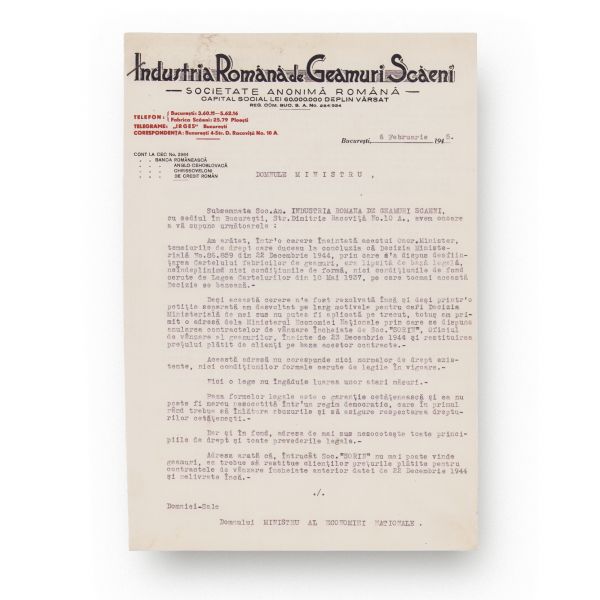 Industria Română de Geamuri Scăeni, scrisoare dactilografiată adresată Ministrului Economiei Naționale, 6 februarie 1945 