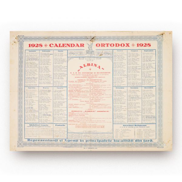 Calendar ortodox pe anul 1928 - Societatea de Asigurări și Reasigurări „Albina”