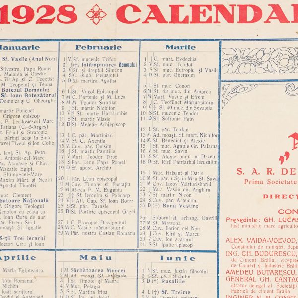Calendar ortodox pe anul 1928 - Societatea de Asigurări și Reasigurări „Albina”