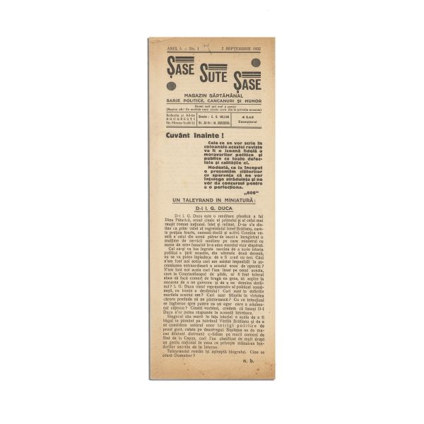 Publicația „Șase sute șase”, Anul I, Nr. 1, 2 septembrie 1932