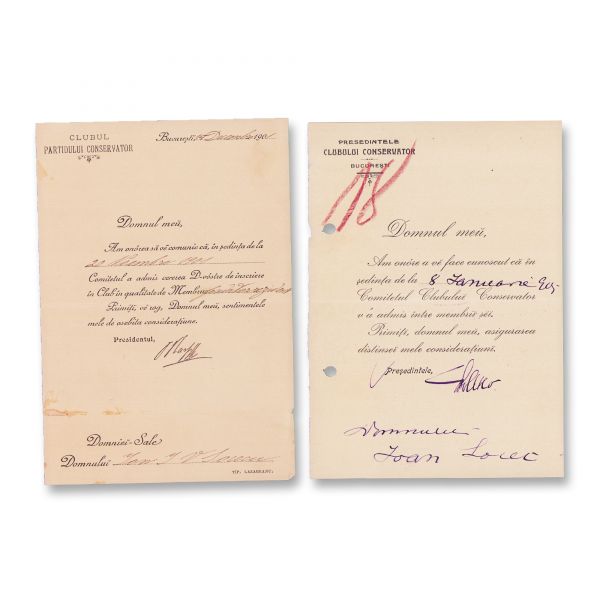 Ioan I. V. Socec, două adrese privind acceptarea ca membru al Clubului Partidului Conservator, 1901