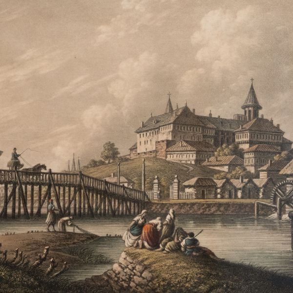 Curtea Domnească din București, acvatintă colorată în epocă, desenator Luigi Mayer, 1803 