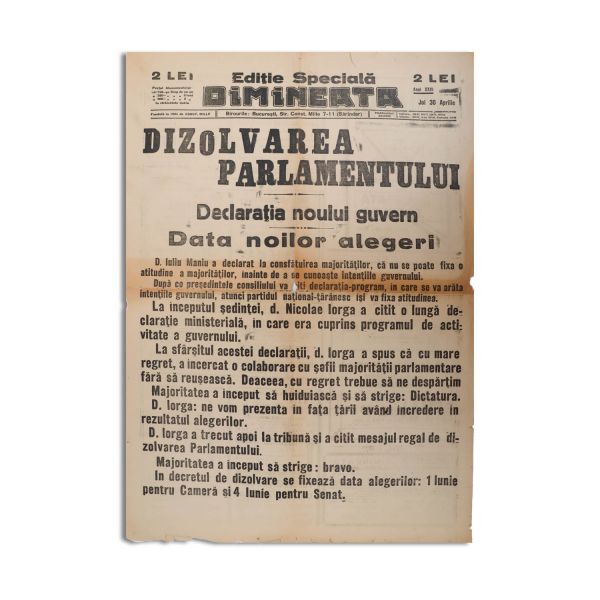 Publicația „Dimineața”, anul XXVI, 30 aprilie, ediție specială - dizolvarea Parlamentului