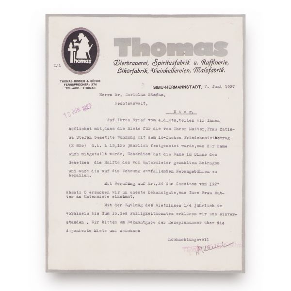 Întreprinderea de băuturi „Thomas Binder & Söhne”, scrisoare + sticlă, 1927