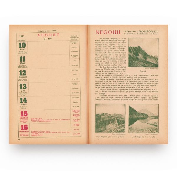 Touring-Club Român, calendar săptămânal, 1936