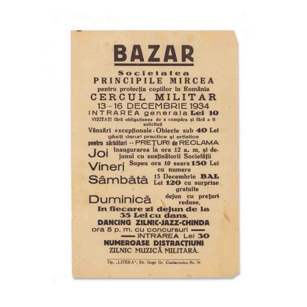 Societatea Principele Mircea, afiș cu programul bazarului, 13 - 16 decembrie 1934