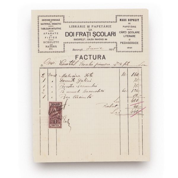 Librăria și Papetăria la „Doi frați școlari” + „Distribuția”, două facturi, 1928-1937