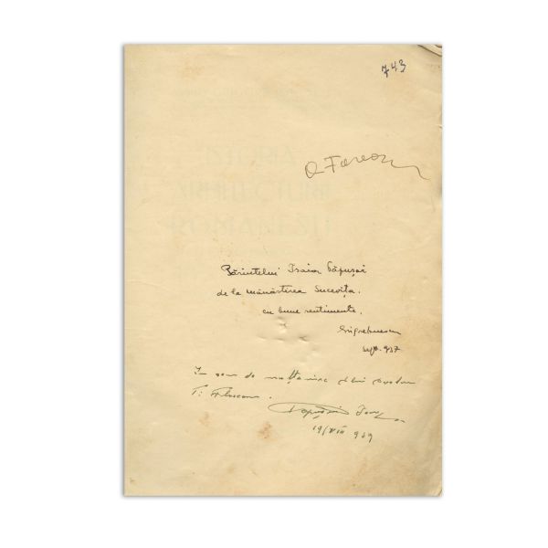 Arhitect Grigore Ionescu, Istoria arhitecturii românești, 1937, cu dedicație olografă