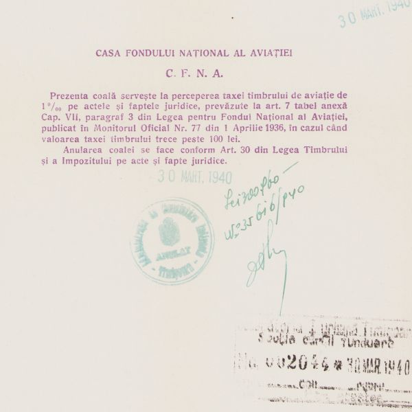 Casa Fondului Național al Aviației, coală de timbru, 1940