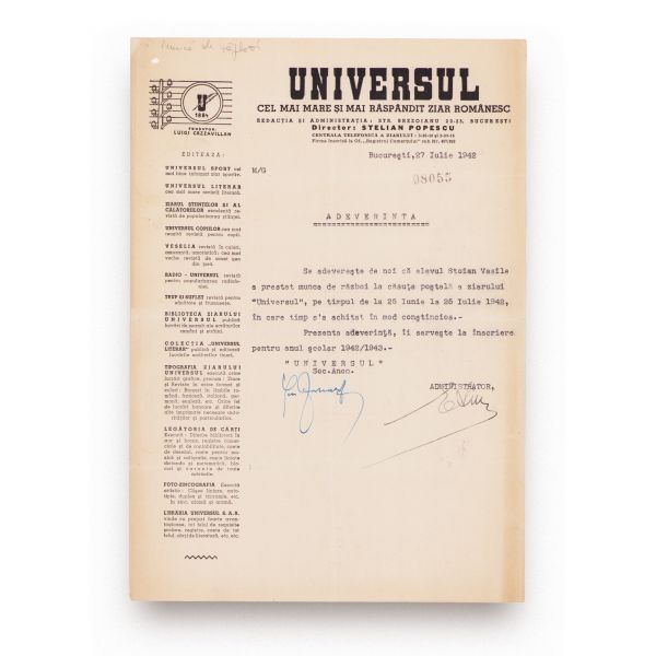 Publicația „Universul”, adeverință privind prestarea muncii de război, 1942