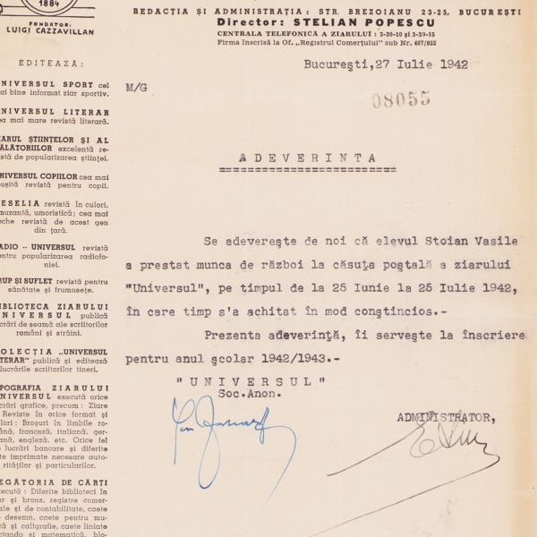 Publicația „Universul”, adeverință privind prestarea muncii de război, 1942