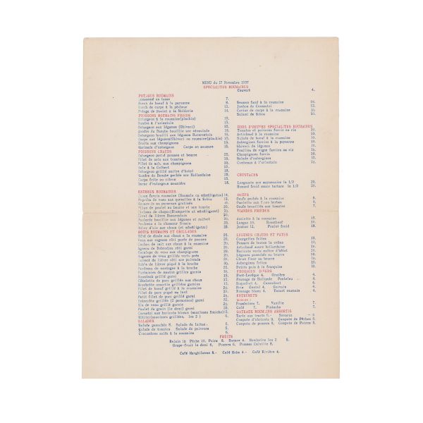  Restaurantul Pavilionului Românesc la expoziția din Paris 1937, meniu și program muzical