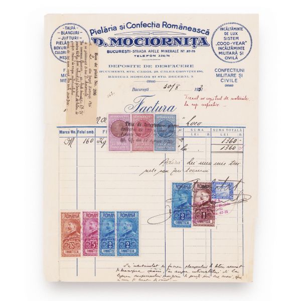 Pielăria și Confecția Românească „D. Mociornița” + Theodor Atanasiu & Co „La vulturul de mare cu peștele în ghiare”, două facturi