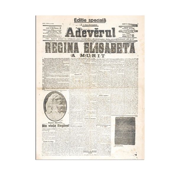Publicația „Adevărul”, anul XXIX, 19 februarie 1916 - Regina Elisabeta a murit