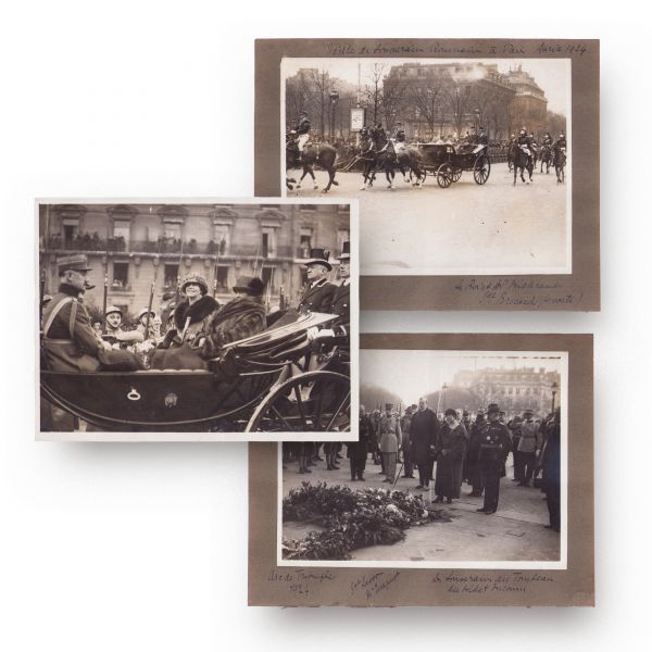 Regina Maria și regele Ferdinand vizitând Mormântul Soldatului Necunoscut din Paris, 1924, trei fotografii de epocă