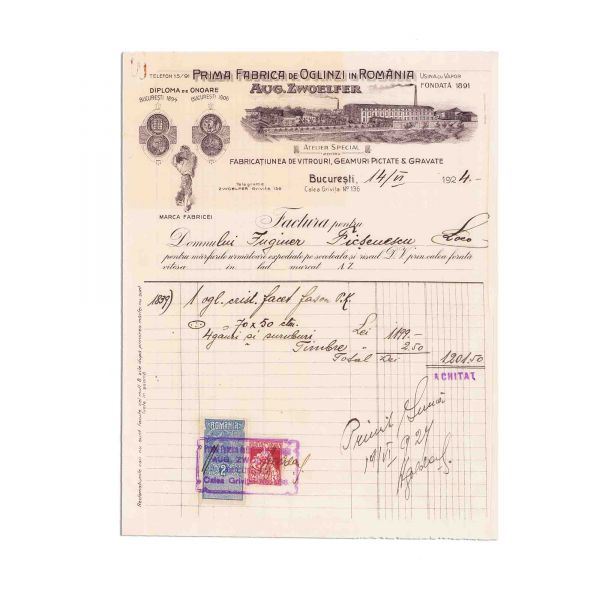 „Aug. Zwoelfer”, prima fabrică de oglinzi în România, două facturi, 1924 
