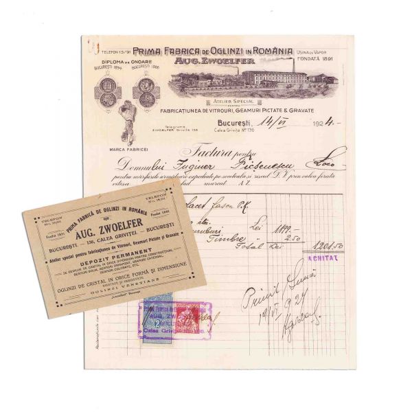 „Aug. Zwoelfer”, prima fabrică de oglinzi în România, două facturi, 1924 