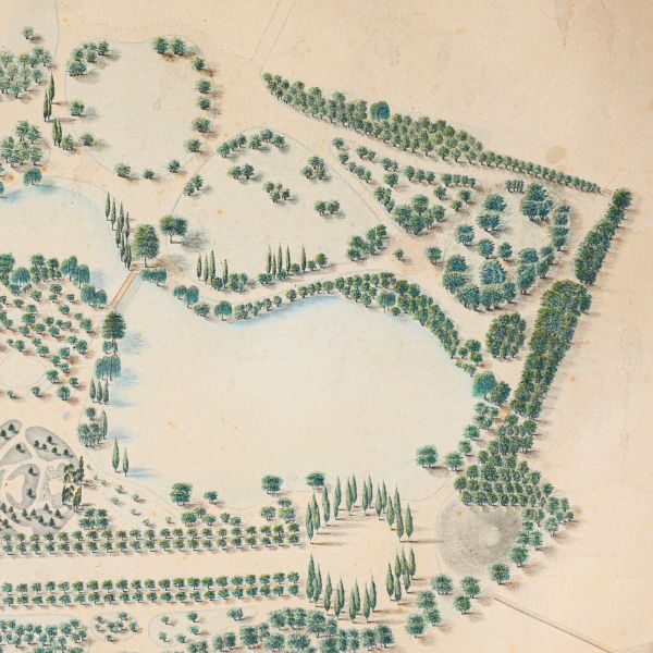 Planul Grădinii Cișmigiu din București, realizat în tuș și acuarelă pe hârtie de Ștefan Fălcoianu, 13 ianuarie 1858
