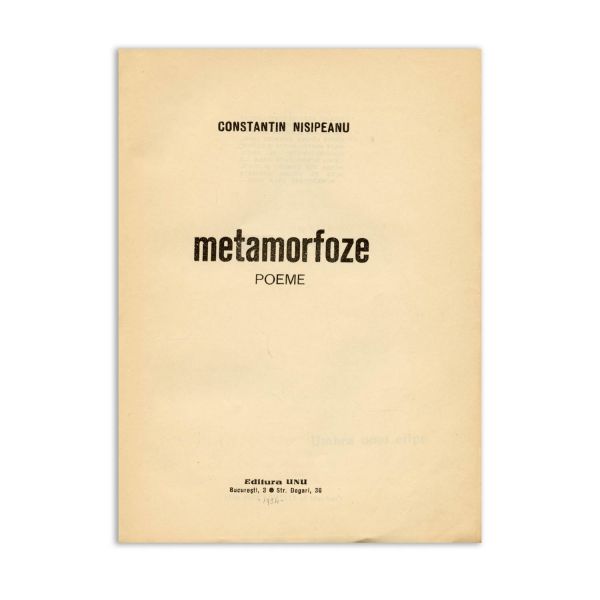Constantin Nisipeanu, Metamorfoze, 1934, exemplar numerotat, cu dedicație pentru Radu Cluceru 