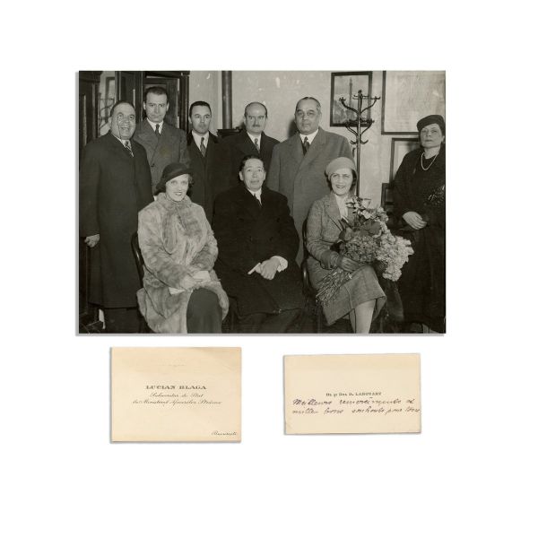 Nicolae Titulescu, Lucian Blaga, Filip Lahovary, fotografie de epocă + două cărți de vizită