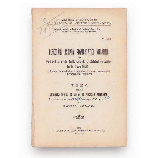 Pârvescu Octavian, Cercetări asupra pigmentației melanice la păstrăvul de munte, 1936, cu dedicație