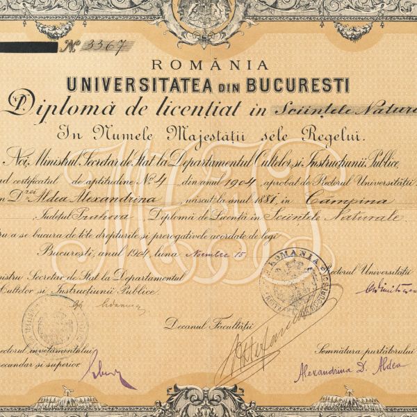 Aldea Alexandrina, diplomă de licență în Științe Naturale, 15 noiembrie 1904