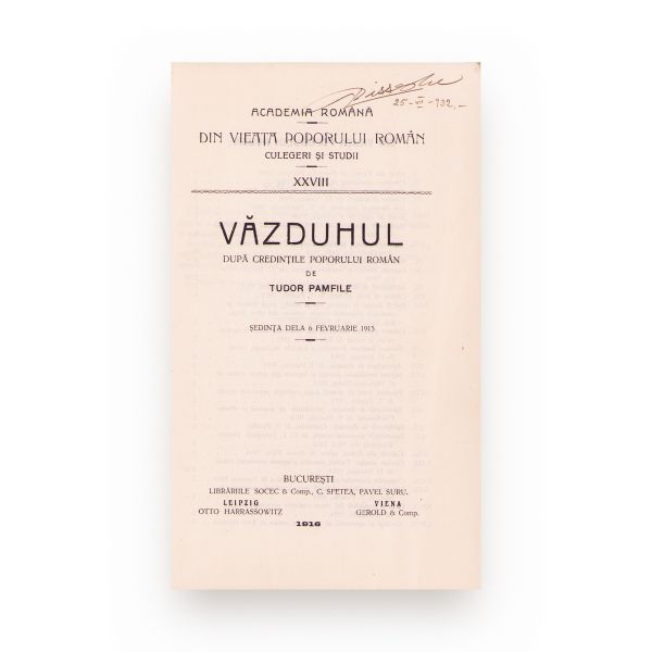 Tudor Pamfile, Văzduhul, 1916, cu semnătura olografă a lui Constantin G. Dissescu