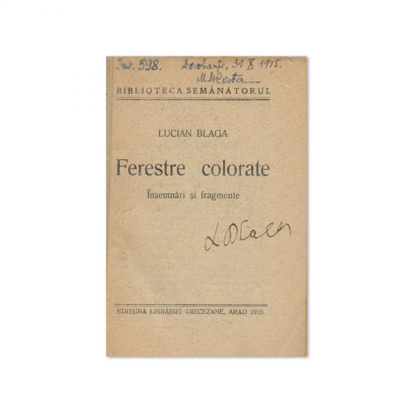 Lucian Blaga, Ferestre colorate, 1926, cu autograf
