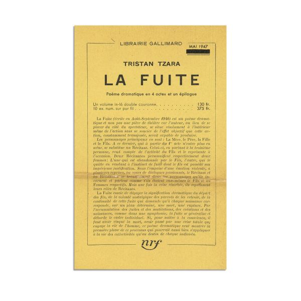 Tristan Tzara, La Fuite, 1947, cu dedicație olografă pentru Maurice Nadeau