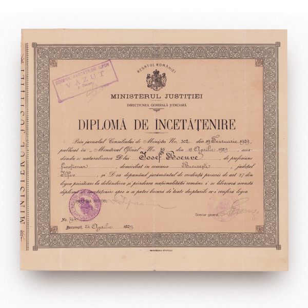 Iosef Boeuve, diplomă de încetățenire, 24 aprilie 1939