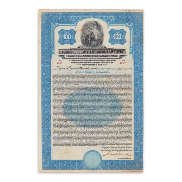Kingdom of Roumania Monopolies Institute, acțiune în valoare de 100 dolari, 1929