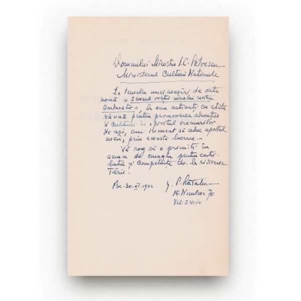 Ing. Petre Rădulescu, Rezolvarea complexului problemelor rurale în România, 1942, cu dedicație olografă