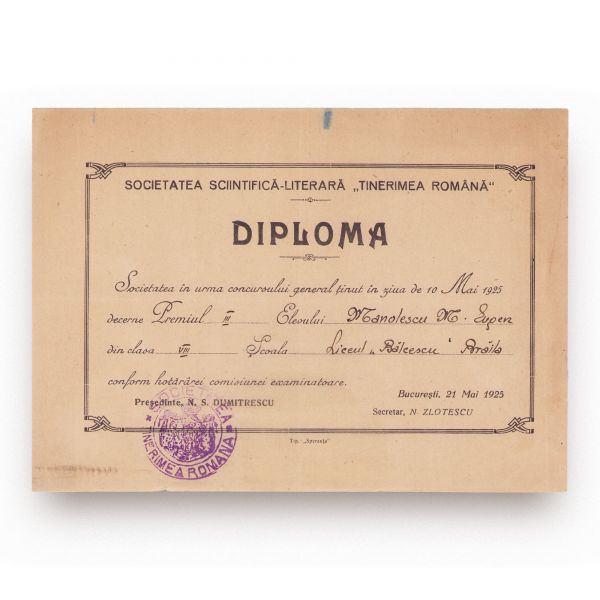 Societatea Științifică-Literară „Tinerimea Română”, două diplome, 1925-1930