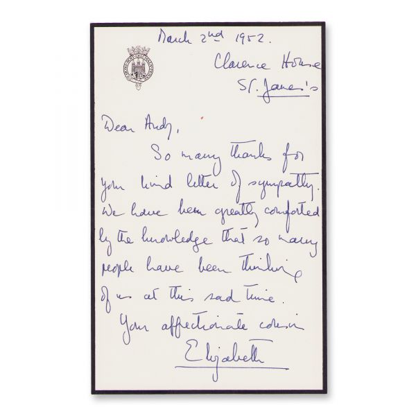 Regina Elisabeta a II-a a Marii Britanii, scrisoare adresată Principelui Andrei al Iugoslaviei, 2 martie 1952
