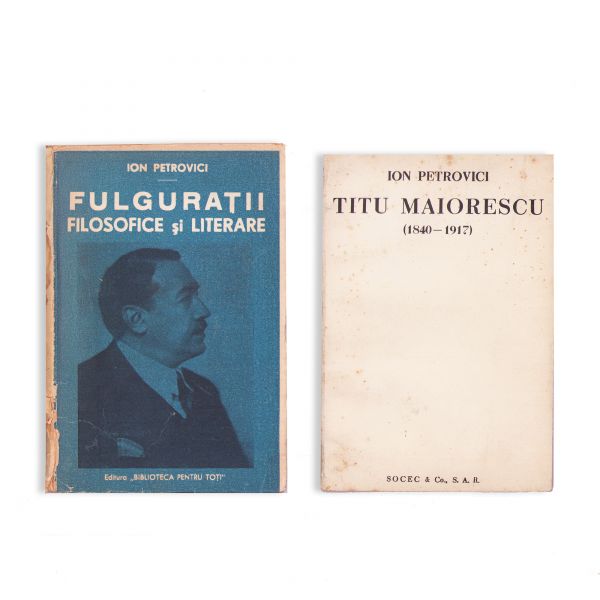 Două volume, Ion Petrovici, Titu Maiorescu +  Fulgurații filosofice și literare, cu dedicație pentru D. D. Roșca