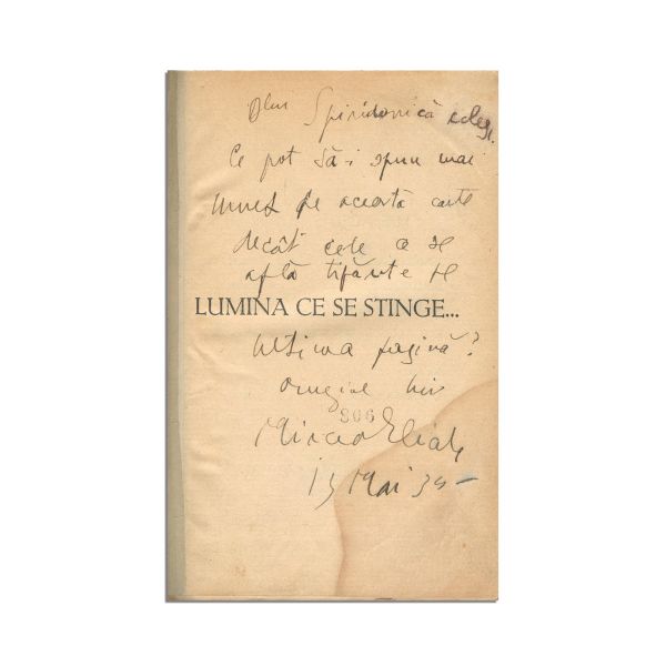 Mircea Eliade, Lumina ce se stinge, 1934, cu dedicația autorului