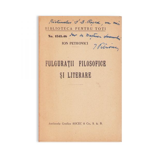 Două volume, Ion Petrovici, Titu Maiorescu +  Fulgurații filosofice și literare, cu dedicație pentru D. D. Roșca