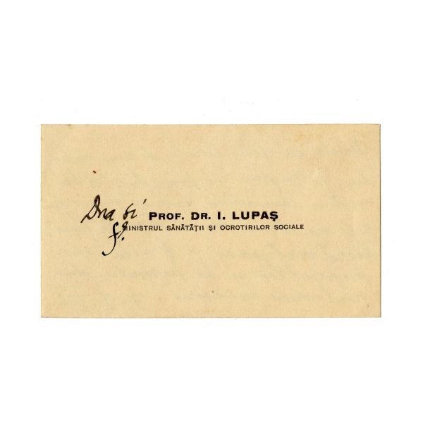 Doamna și domnul I. Lupaș, carte de vizită cu însemnare olografă