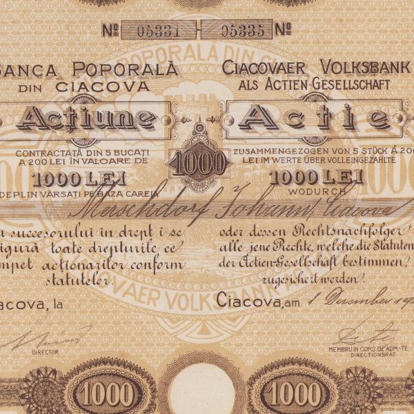 Banca poporală din Ciacova, acțiune în valoare de 1000 lei 